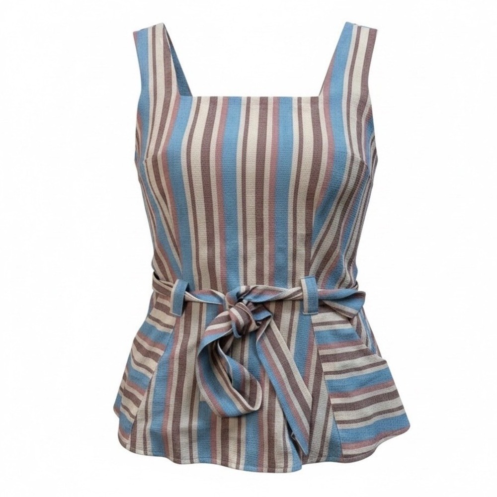 Monteau Los Angeles Womens Striped Sleeveless Tanka Blue Pink Tan Size M 29182